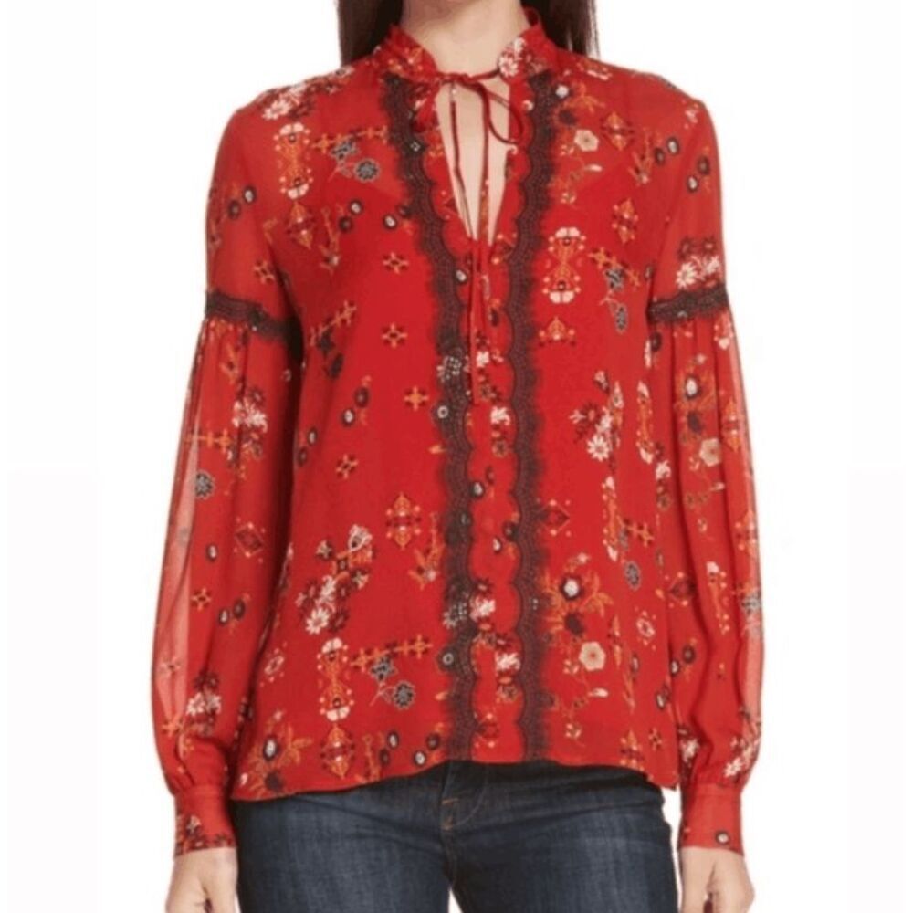 DEREK LAM 10 CROSBY Silk Lace Trimmed Floral Blouse In Chili Red Size 2